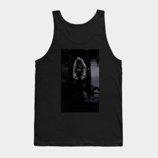 Digital collage, special processing. Strong guy, raised his hands, near big stone. Dark water, mystic. Black and blue, contrast. Tank Top